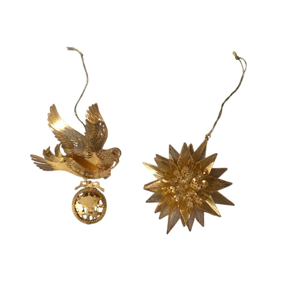 Set 2 Danbury Mint Gold Plated Ornament Peace on Earth Dove Snowflake Star
